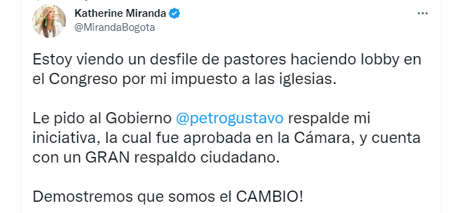 Katherine miranda aseguró que hay “un desfile de pastores haciendo lobby en el Congreso” para tumbar el impuesto a las iglesias