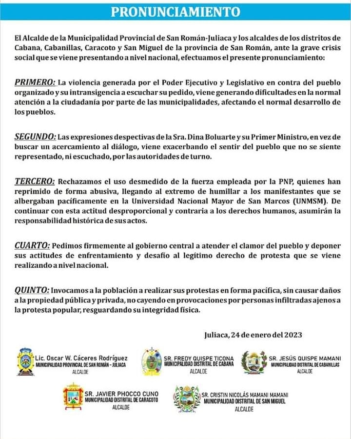 Alcaldes de Puno envían comunicado