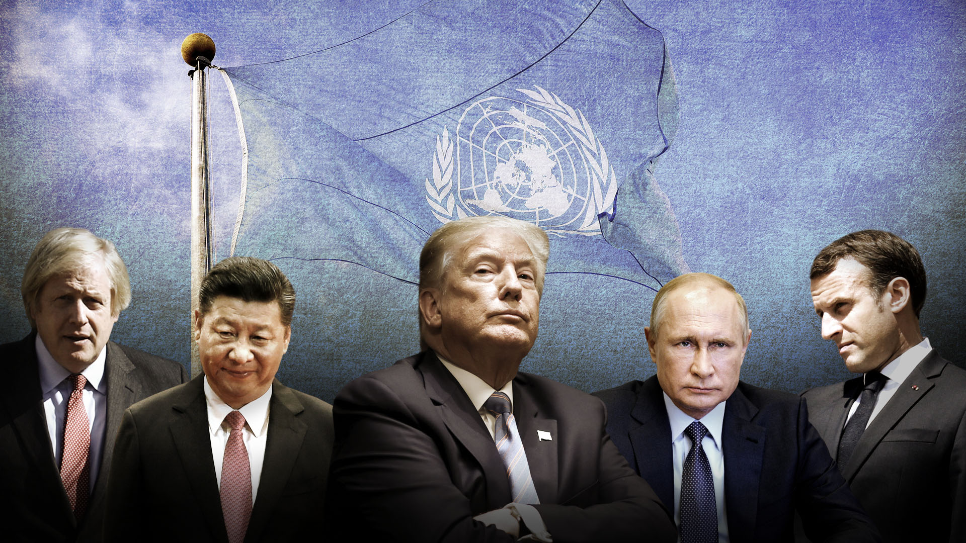 De izquierda a derecha, Boris Johnson, Xi Jinping, Donald Trump, Vladimir Putin y Emmanuel Macron, mandatarios de Reino Unido, China, Estados Unidos, Rusia y Francia, los cinco miembros permanentes del Consejo de Seguridad de la ONU