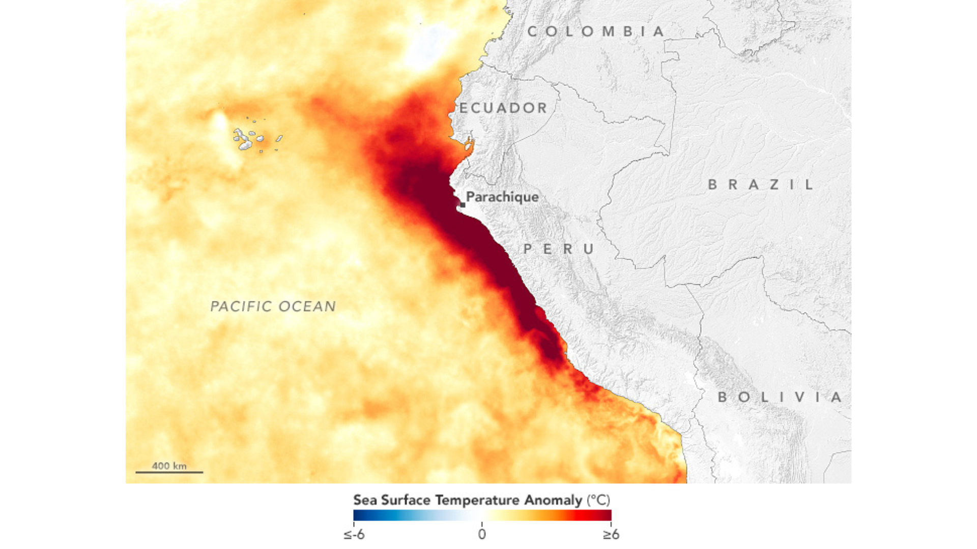 Captura de temperatura del océano Pacífico el 4 de abril del 2023 (Foto: NASA Earth Observatory)