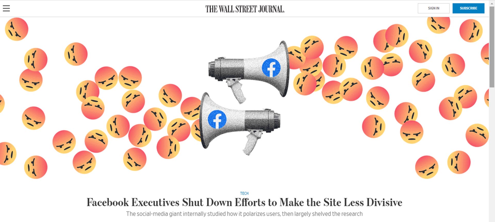 "Los ejecutivos de Facebook aplacan los esfuerzos para que el sitio sea menos divisivo", The Wall Street Journal
