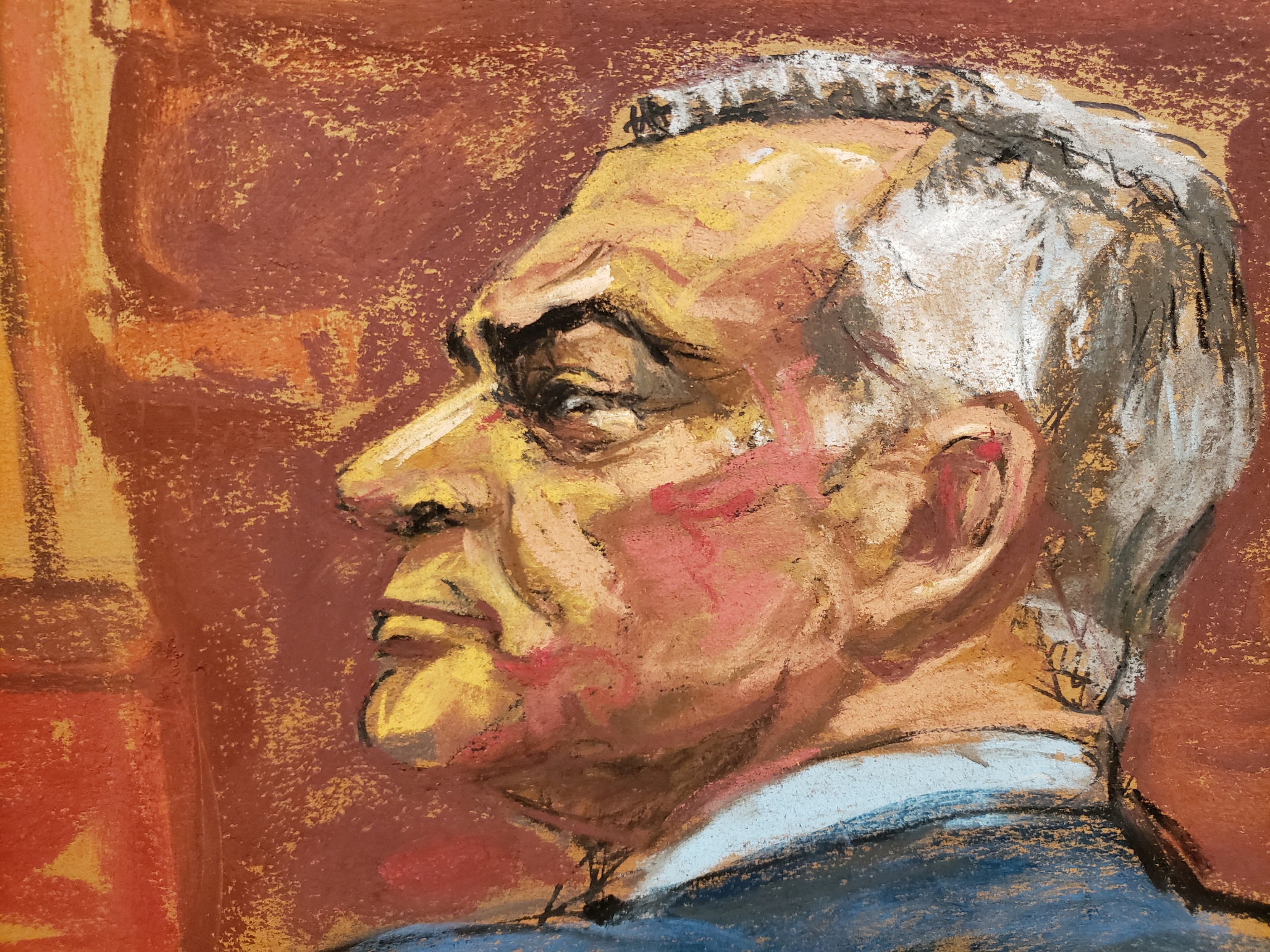 Mexico's former Public Security Minister Genaro Garcia Luna sits during his trial on charges that he accepted millions of dollars to protect the powerful Sinaloa Cartel, once run by imprisoned drug lord Joaquin "El Chapo" Guzman, at a courthouse in New York City, U.S., January 30, 2023 in this courtroom sketch. REUTERS/Jane Rosenberg