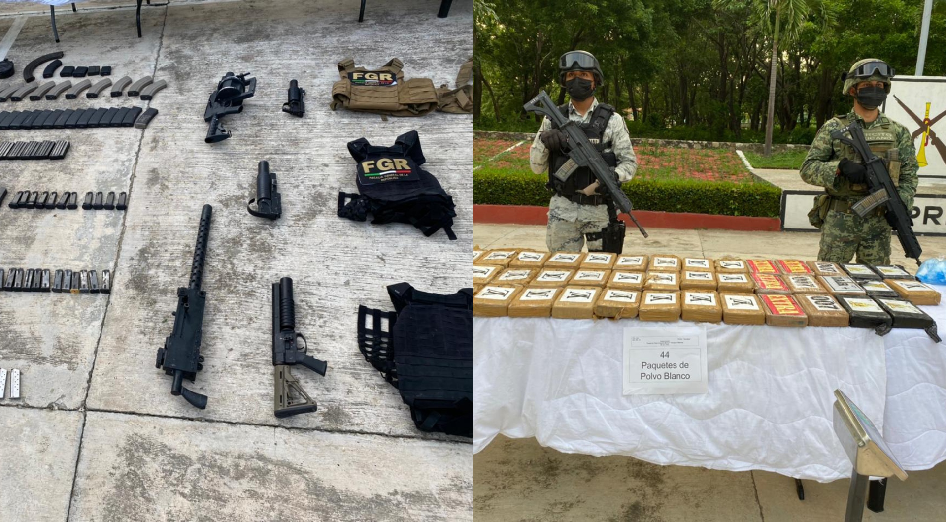 La Secretaría de la Defensa Nacional y
la Guardia Nacional decomisaron 4 millones de pesos, armas y equipo táctico con estampado de la FGR (Foto: Sedena)