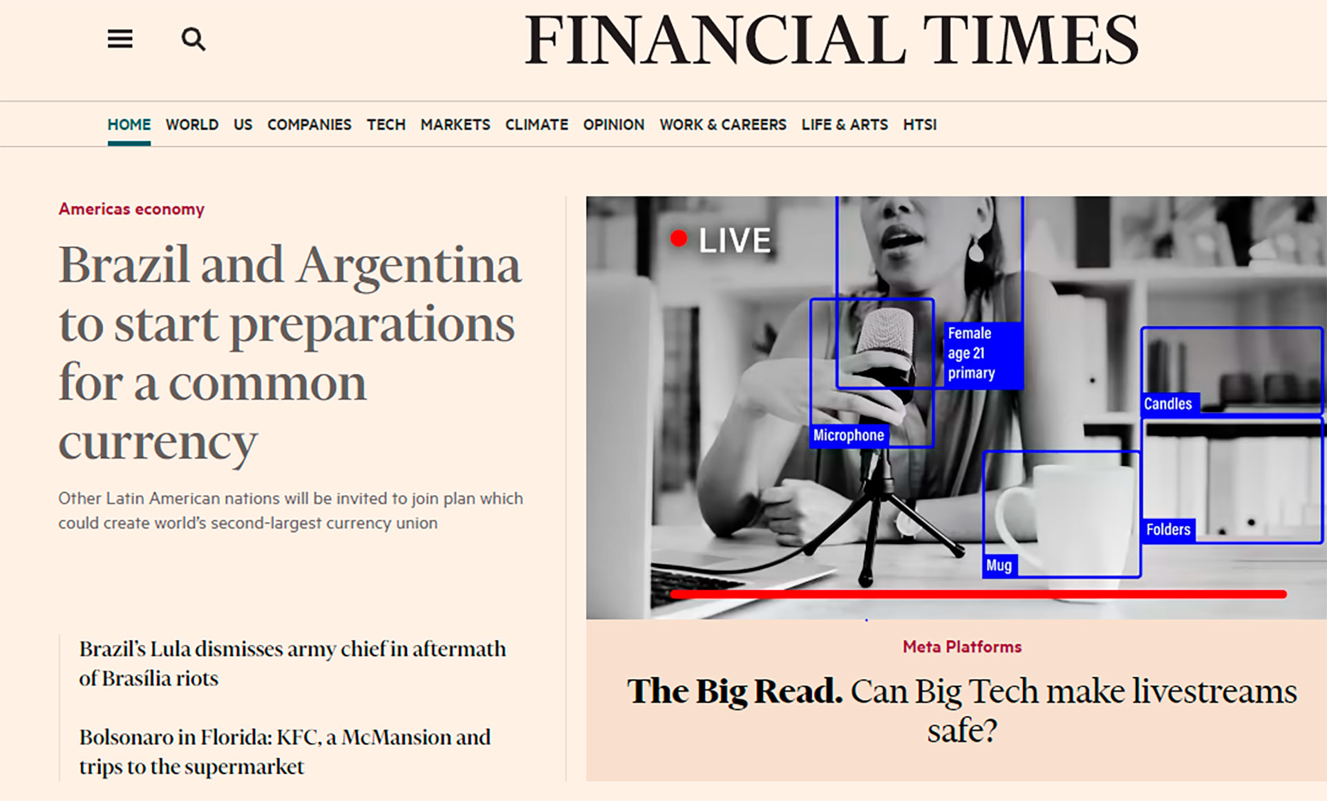 La tapa matutina en la edición online dominical de Financial Times