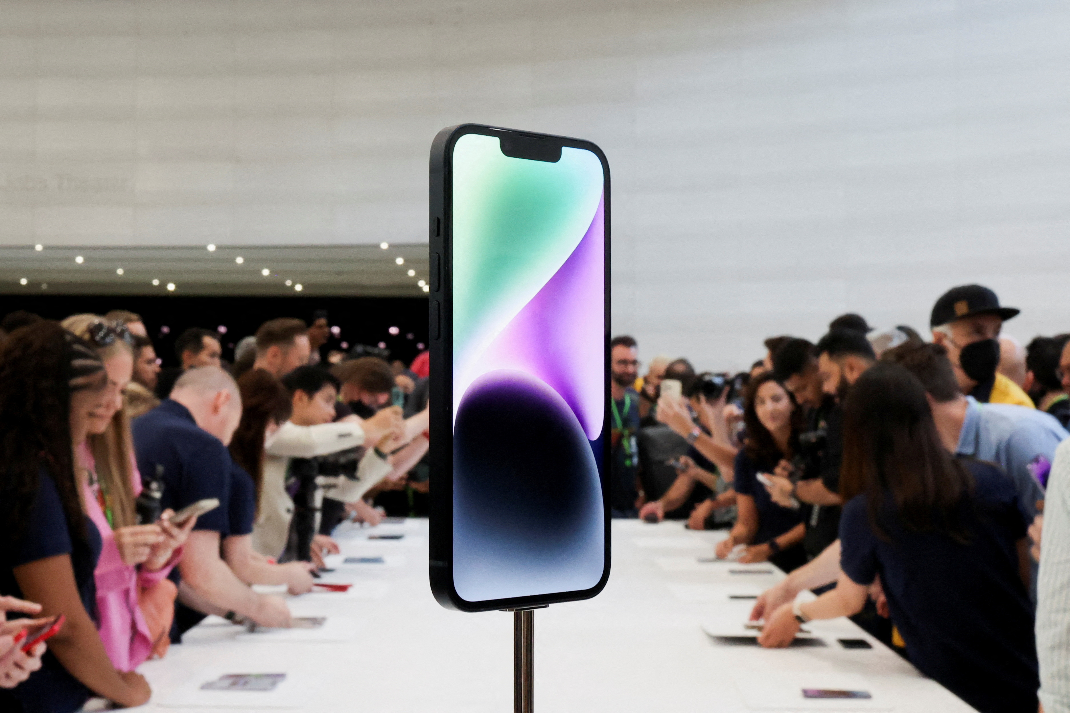 The new iPhone 14 were presented at the Steve Jobs Theater in Cupertino, California and will have prices ranging from $799 for its regular version to $1,099 for its Pro Max version.  (REUTERS/Carlos Barria/File Photo)