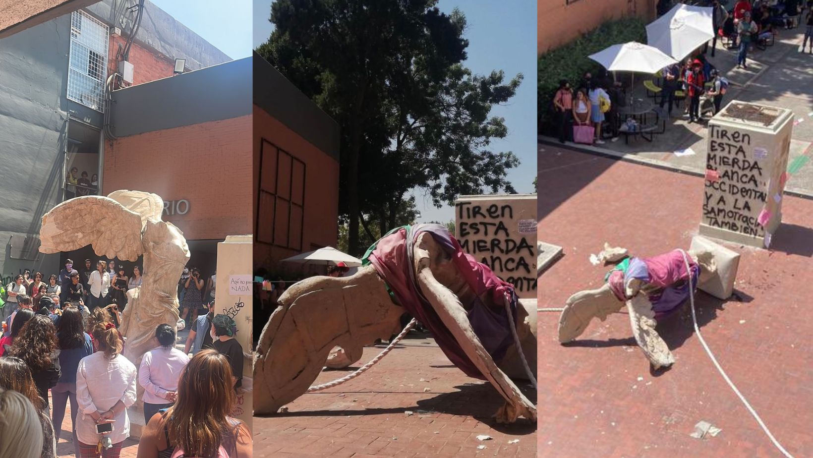 Alumnas derribaron la escultura de la Samotracia para exigir un alto al acoso sexual en la FAD de la UNAM