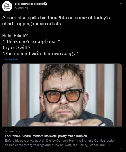 De este modo se presentó la entrevista con Damon Albarn, según el músico se trató de un "clickbait" (Foto: Twitter/@latimes)