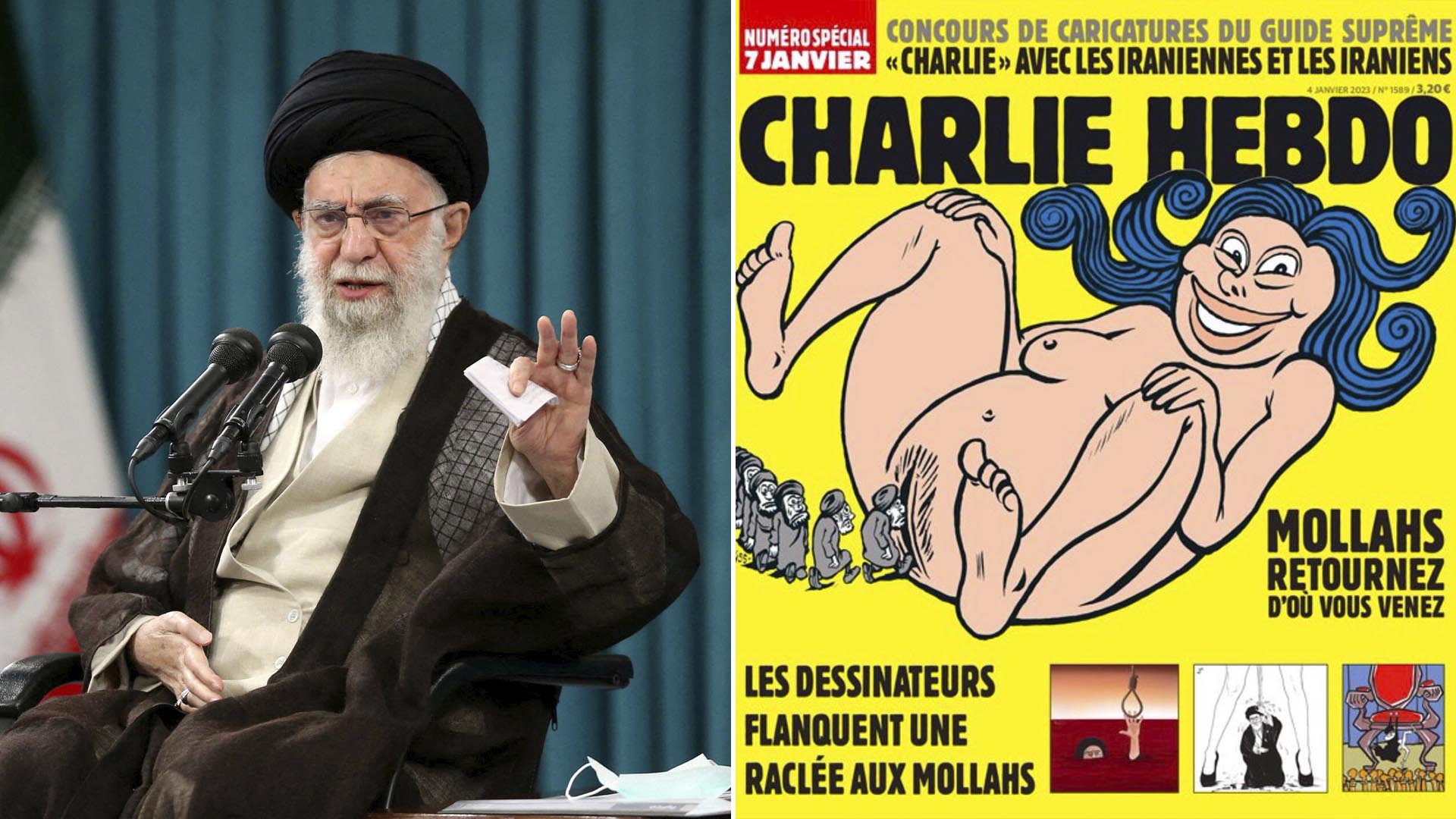 Ali Khamenei and the cover of the latest issue of Charlie Hebdo