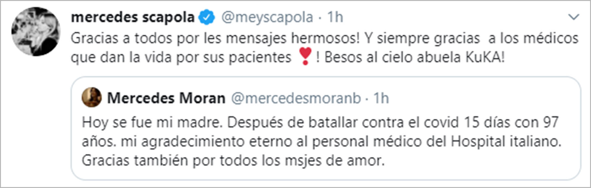 El tuit de Mercedes Morán por su madre, y la respuesta de su hija actriz, Mey Scapola