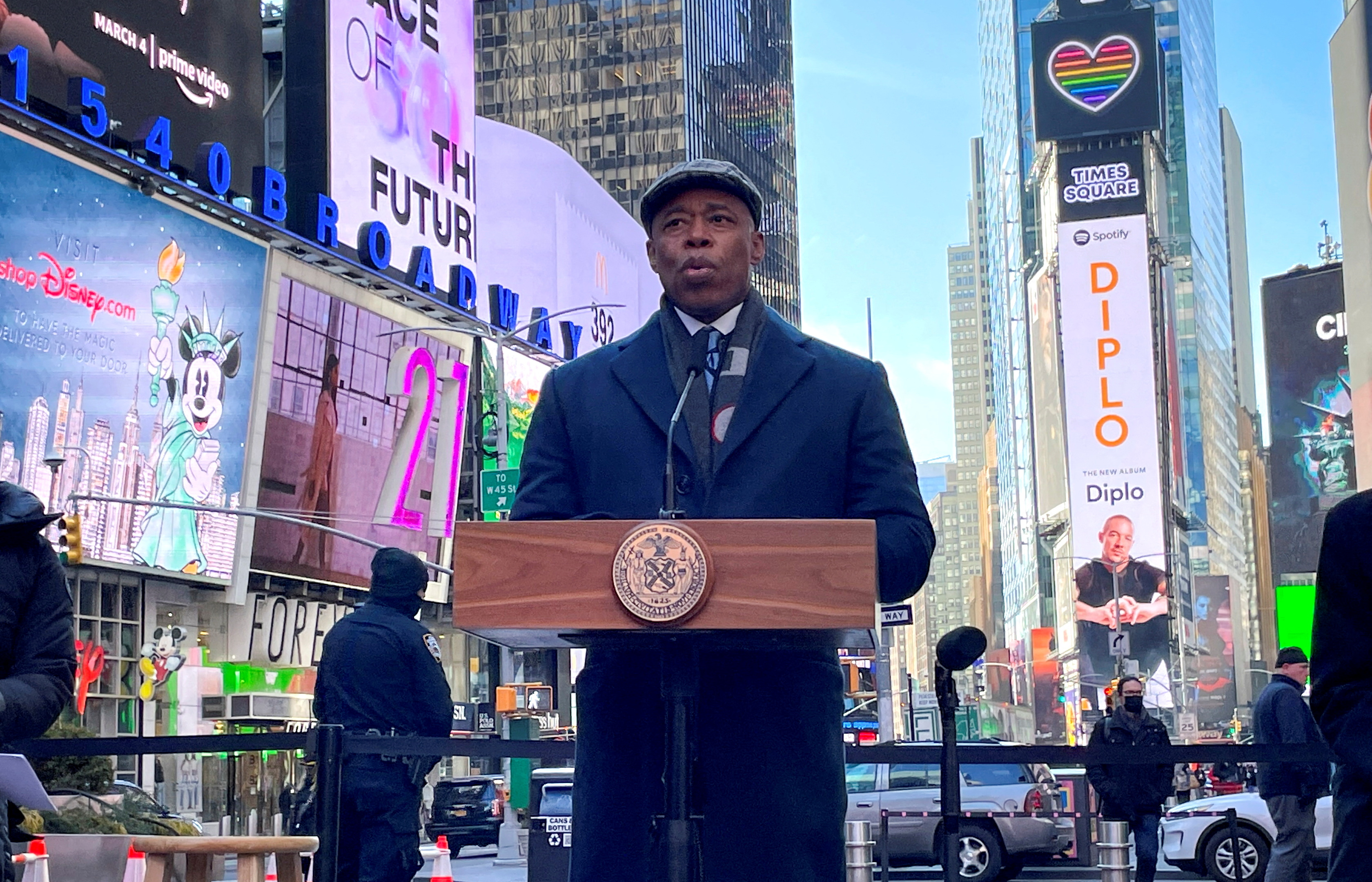 FILE PHOTO: New York City Mayor Eric Adams makes an announcement at a news conference in Times Square in Manhattan in New York City