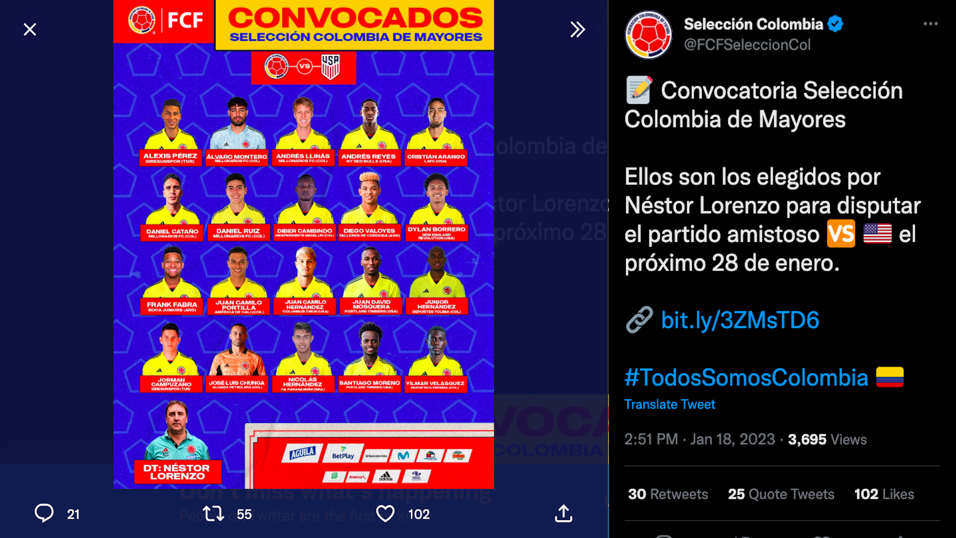 Nómina de jugadores que enfrentará a Estados Unidos en el primer amistoso de la selección Colombia en 2023 / (Twitter: @FCFSeleccionCol)