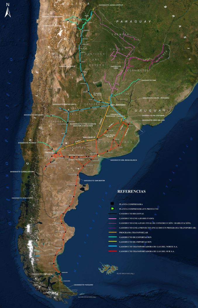 En naranja, el tramo Tratayén-Salliqueló del Gasoducto Néstor Kirchner que va a estar afectado por las presiones mapuches.