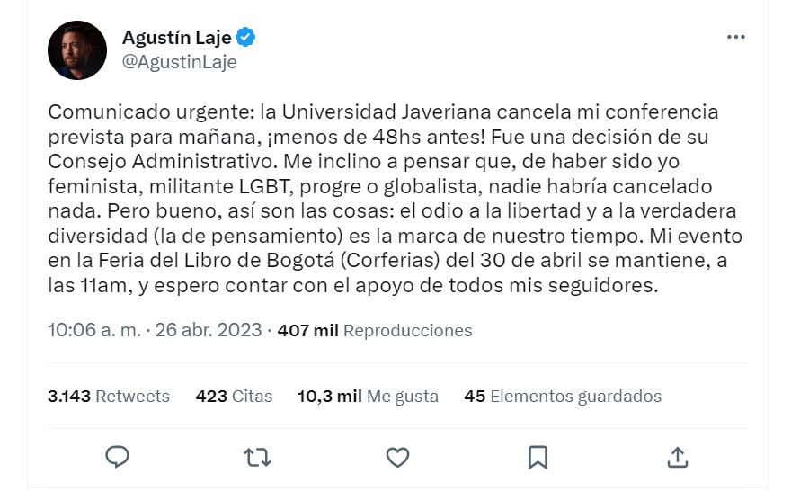 Agustín Laje sobre conferencia en la U. Javeriana: “De haber sido feminista, progre o globalista, nadie habría cancelado nada”.
