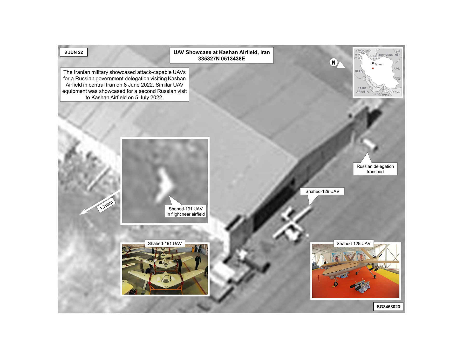 Imagen satelital en la que, según EE.UU., se ve cómo los iraníes estaban haciendo una demostración a una delegación rusa del funcionamiento de dos tipos de drones, el Shahed 191 y el Shahed 129. EFE/ Casa Blanca.

