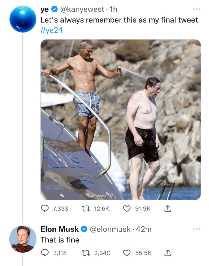 También tuiteó una foto poco favorecedora de Elon Musk, lo que llevó al presidente de la red social del pajarito a aclarar que “[la cuenta de West] está suspendida por incitación a la violencia, no por una foto poco favorecedora”. (TWITTER)