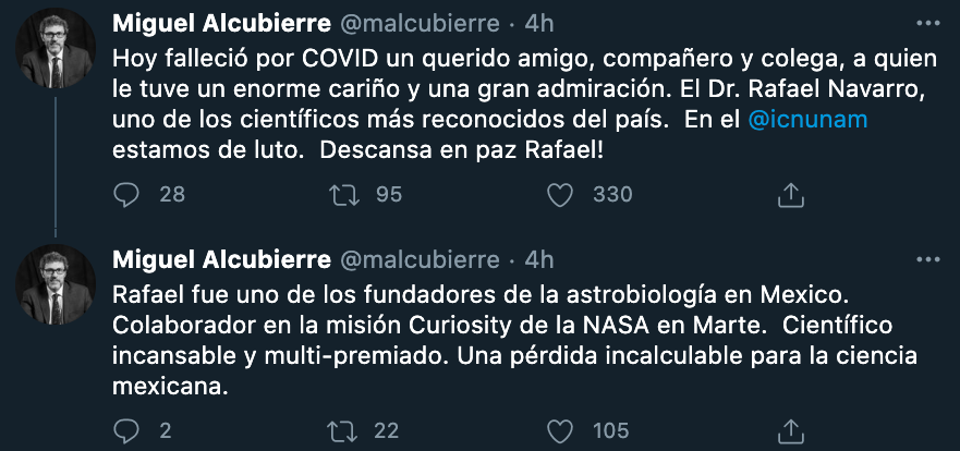 Conocidos del científico expresaron sus condolencias (Foto: Twitter@malcubierre)