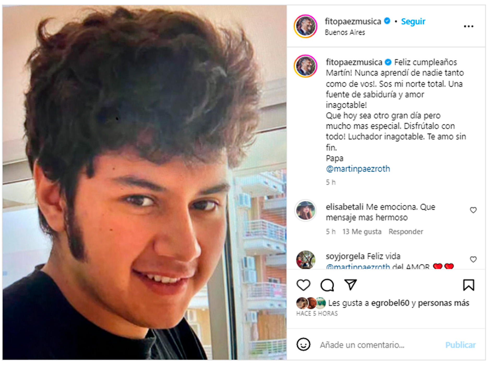 El saludo de Fito Páez para su hijo Martín en el día de su cumpleaños número 24 (Instagram)