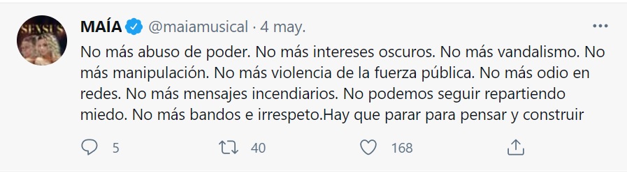 Post en Twitter de Maía. Foto: Instagram @maiamusical