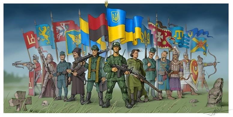 Ilustración del "Día de los Héroes" utilizado como representación por los partisanos de Luhansk. La figura delante de la bandera roja y negra representa al Ejército Insurgente Ucraniano, que luchó tanto contra los nazis como contra los soviéticos. (Telegram)
