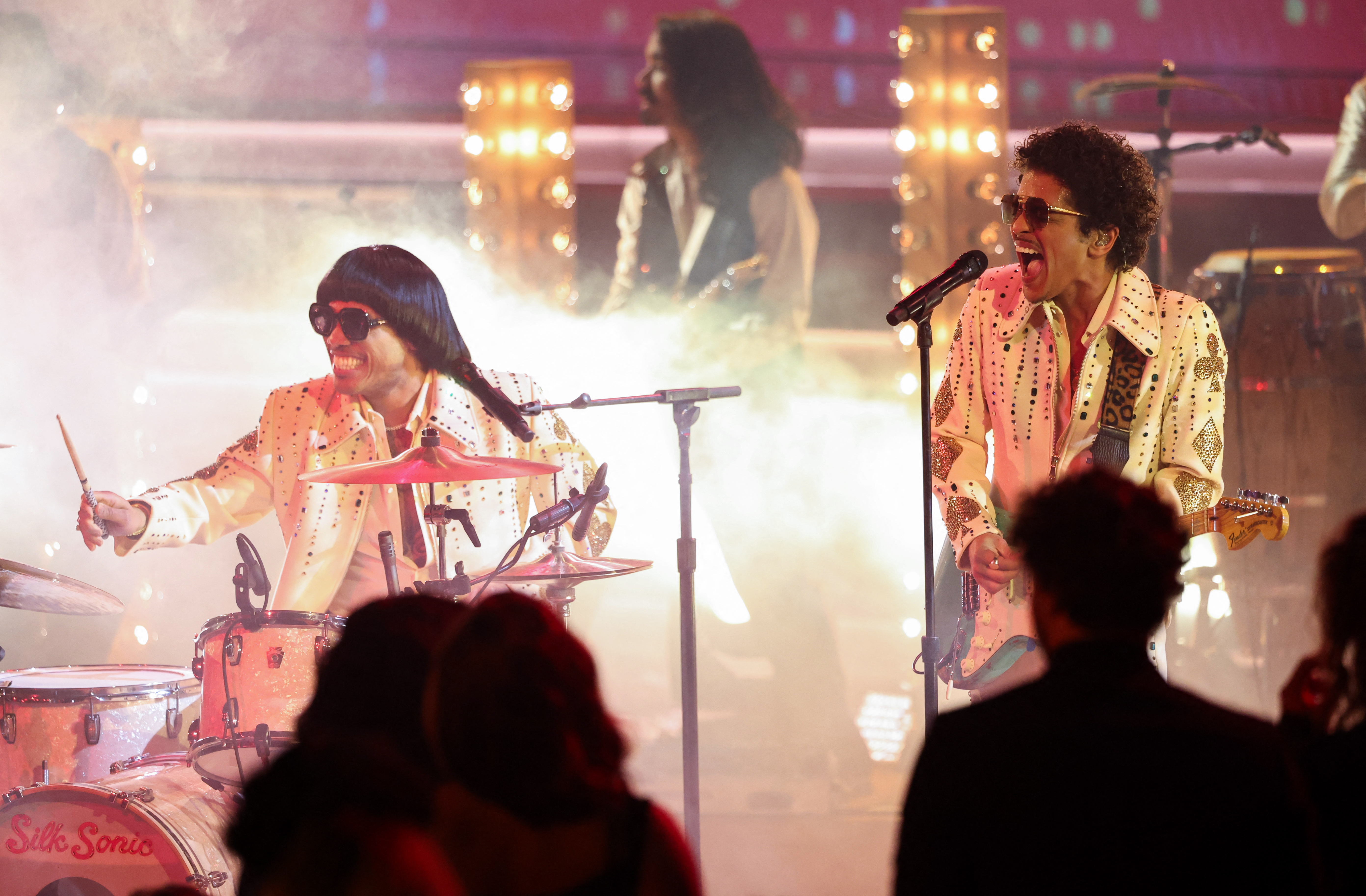 Anderson .Paak and Bruno Mars of Silk Sonic perform during the 64th Annual Grammy Awards show at the MGM Grand Garden Arena in Las Vegas, Nevada, U.S., April 3, 2022. REUTERS/Mario Anzuoni