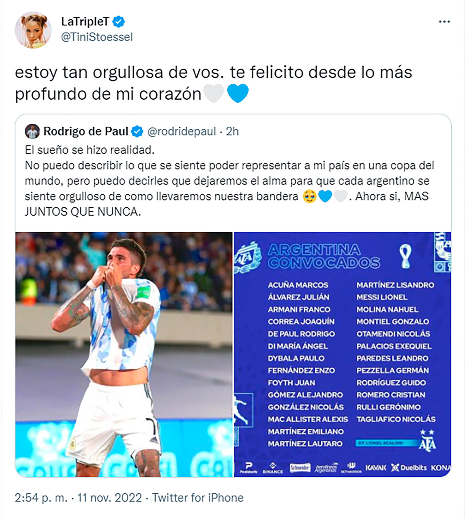 El tweet de Tini a Rodrigo de Paul tras confirmarse su convocatoria al mundial de Qatar