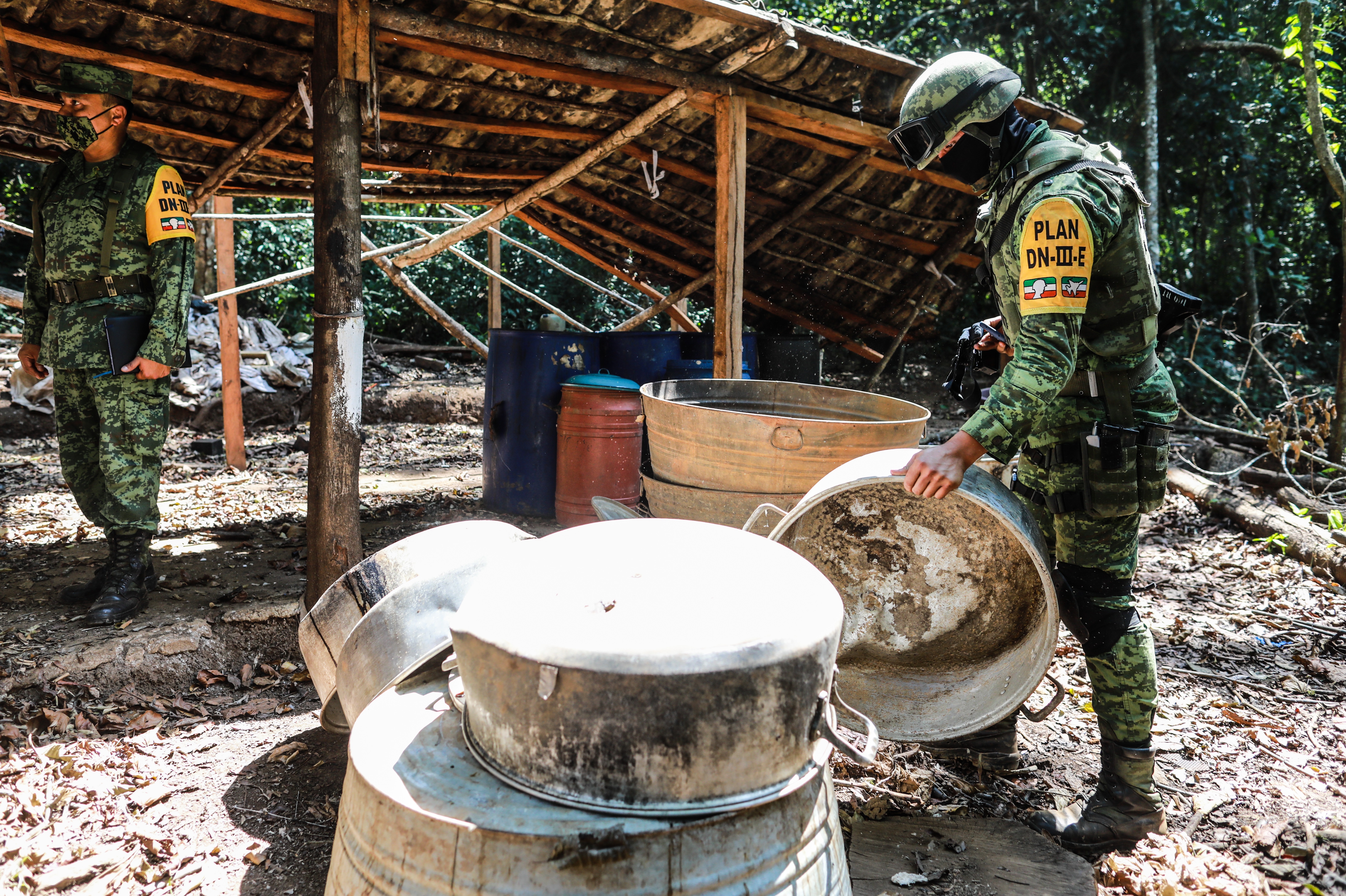 Un miembro del Ejército muestra el campamento y laboratorio clandestino que el Ejército Mexicano destruyó junto a cuatro hectáreas de plantas de coca, hoy en el municipio de Atoyac de Álvarez, en la sierra del estado de Guerrero (Foto: EFE)