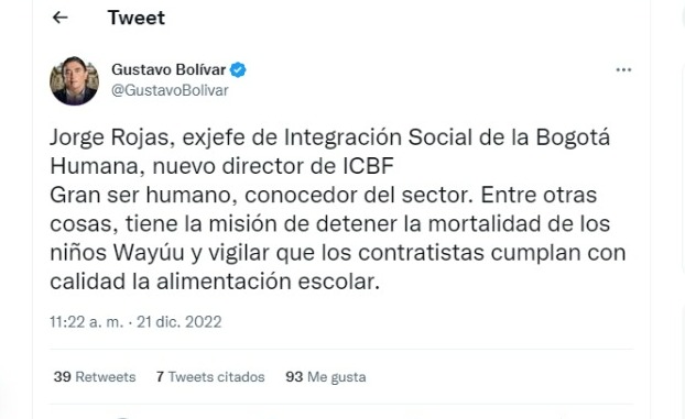 Tuit de Gustavo Bolívar sobre el ICBF | Captura de pantalla
