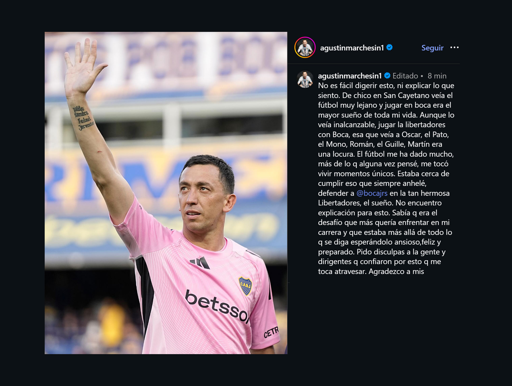 El emotivo mensaje de Agust&iacute;n Marches&iacute;n tras la grave lesi&oacute;n de rodilla que sufri&oacute; en Boca Juniors: 