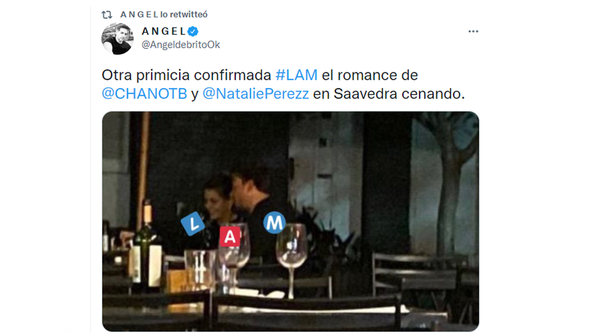 Ángel de Brito dio a conocer la foto de la cena romántica de Chano y Natalie Pérez 