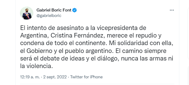 El mensaje publicado por el presidente chileno, Gabriel Boric