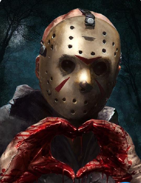 Meme of Jason from Friday the 13th making a heart with his hands full of blood.  (Photos/Twitter)