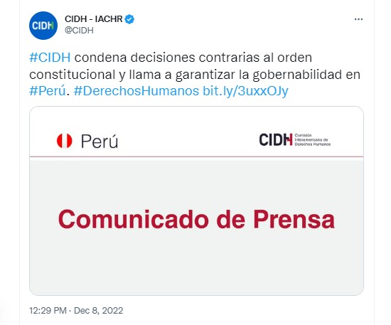 La CIDH publicó un comunicado condenando las decisiones del destituido Pedro Castillo que provocaron la crisis política en Perú.