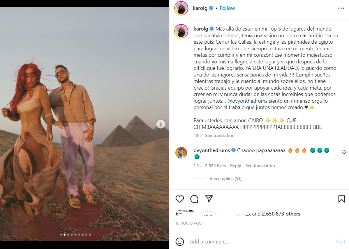 Karol G estrena el videoclip de ‘Cairo’ y la canción apunta a ser un éxito. Foto: Instagram @karolg