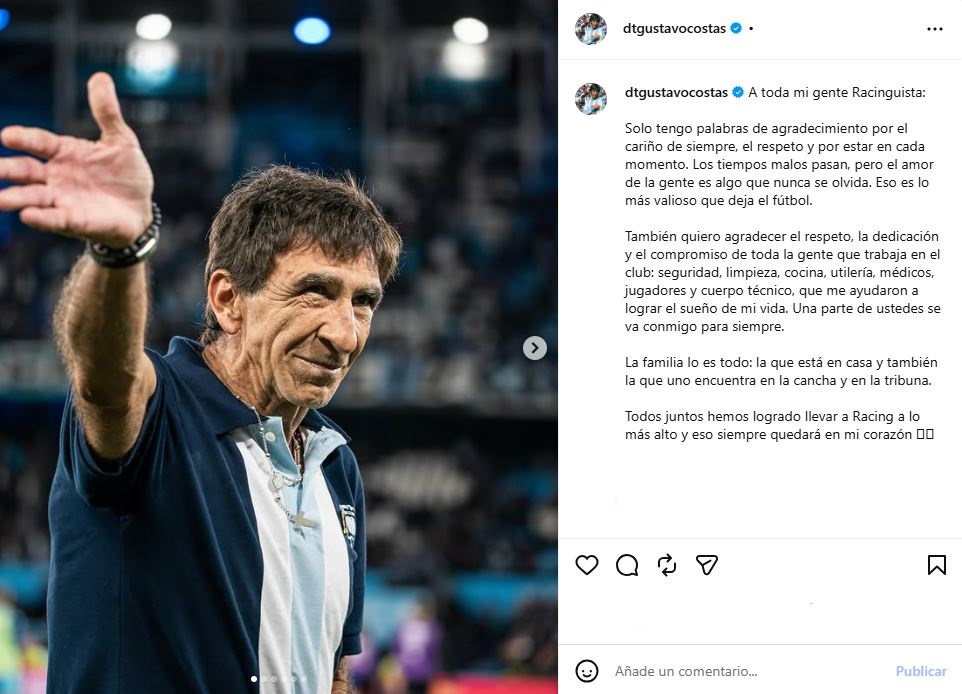 El posteo de Gustavo Costas tras su conflictiva salida de Racing: del mensaje para los hinchas a una llamativa omisi&oacute;n