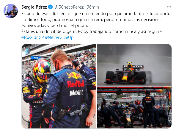 Checo Pérez compartió su reacción después del Gran Premio de Rusia  (Foto: Captura Twitter)