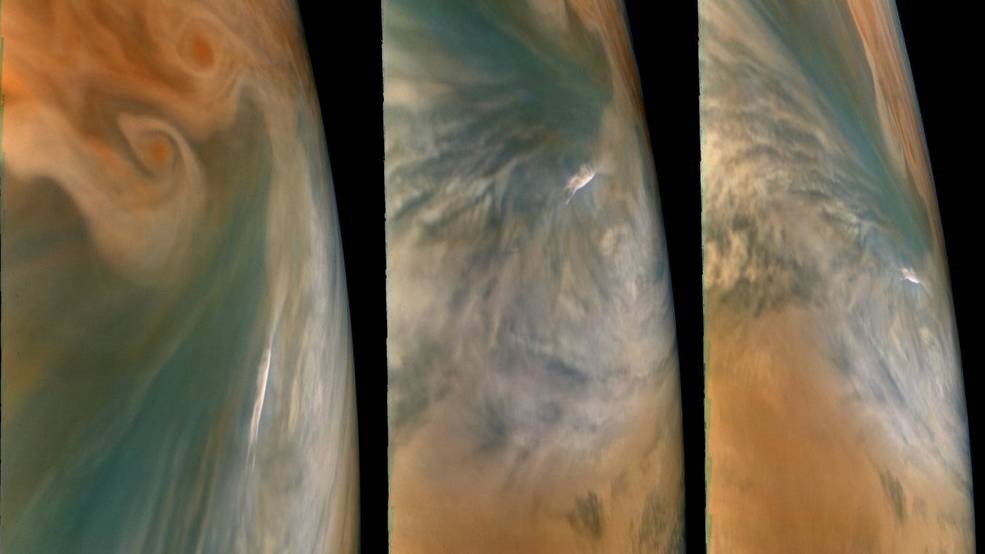  Estas imágenes de la misión Juno de la NASA muestran tres vistas de un "punto caliente" de Júpiter. (NASA/JPL-CALTECH/SWRI/MSSS)
