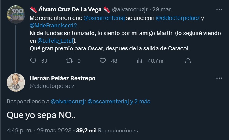 Hernán Peláez responde en su cuenta de Twitter acerca de los rumores de una posible llegada de Óscar Rentería a su programa radial (@eldoctorpelaez/Twitter)
