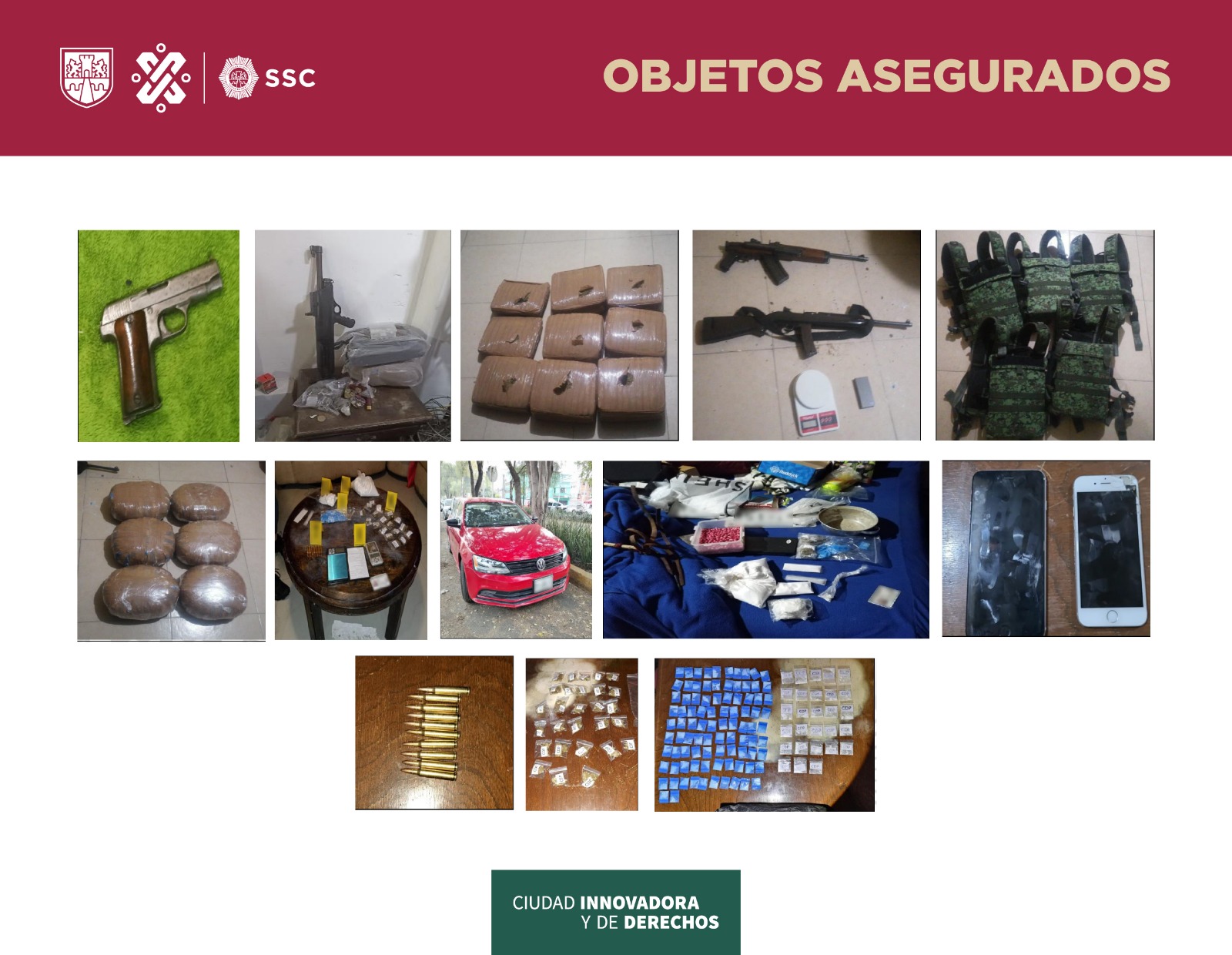 The authorities seized three long weapons, one short, useful cartridges, five ballistic vests, 15 packages and around 80 doses of marijuana, approximately 470 doses of apparent cocaine and other substances in powder and stone, a vehicle, telephone equipment and various documentation.  Photo: SSPCDMX