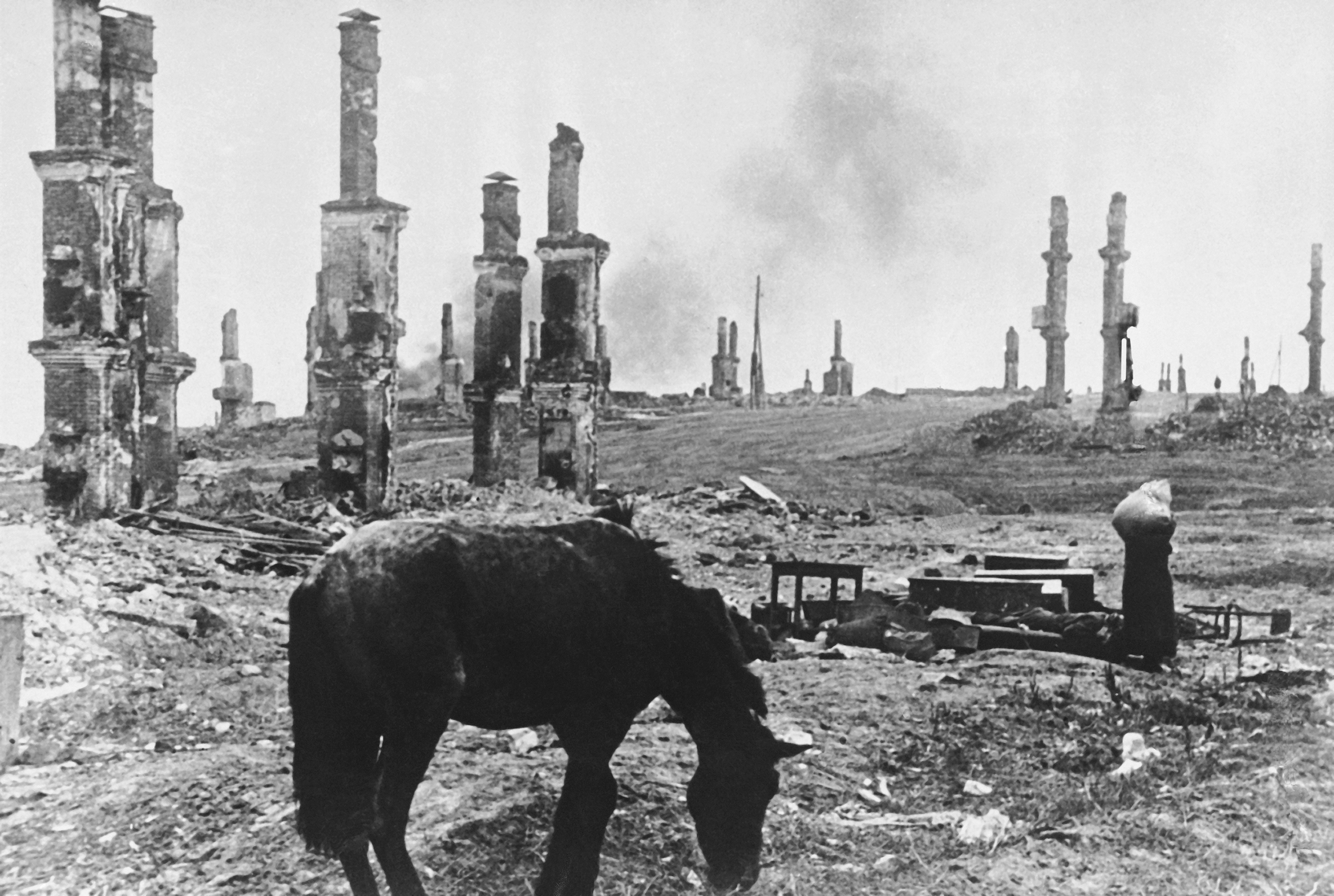 ARCHIVO - Un caballo abandonado pasta entre las ruinas de la ciudad rusa de Stalingrado, ahora Volgogrado, el 18 de diciembre de 1942, unos cuatro meses después de la batalla por la ciudad en el río Volga entre las fuerzas del Eje y el ejército soviético. En el fondo, a la derecha, las mujeres rusas que salen de sus maltratadas casas se abren camino entre las ruinas. 

