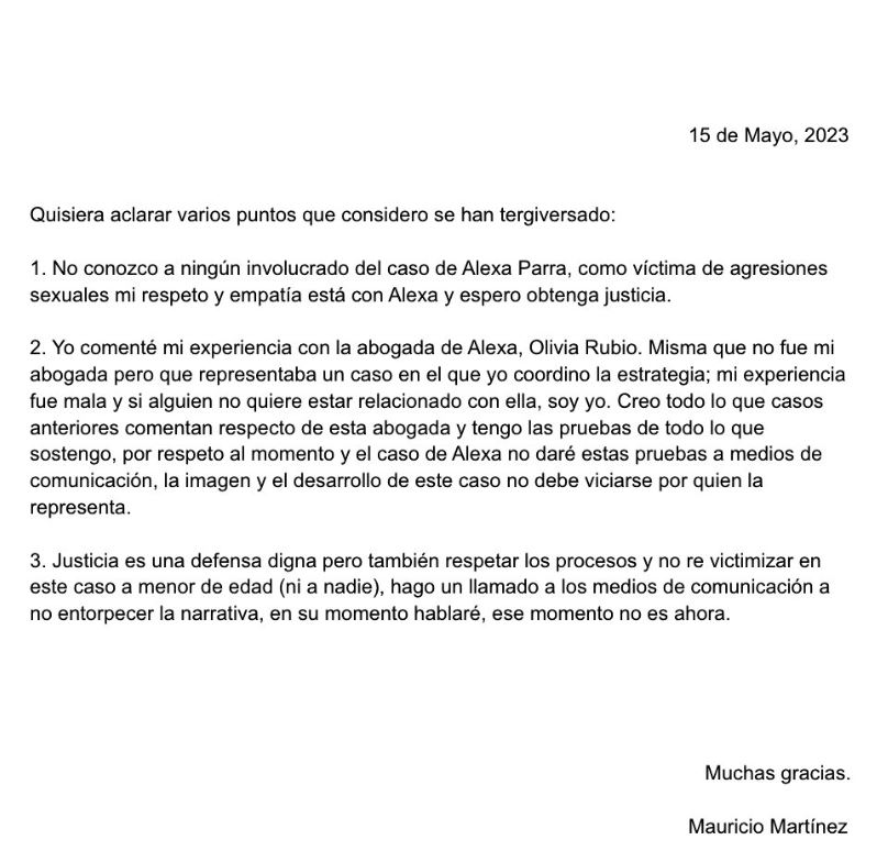 Comunicado de Mauricio Martínez tras negativa de Olivia Rubio de haber laborado en su caso (Foto: Twitter)