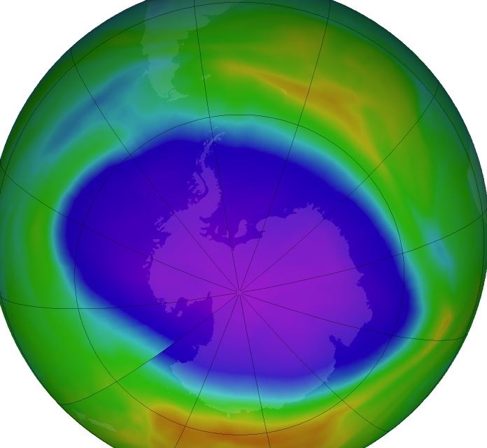 El agujero de ozono antártico de 2021 alcanzó su área máxima el 7 de octubre y ocupa el puesto 13 más grande desde 1979. (NASA OZONE WATCH)
