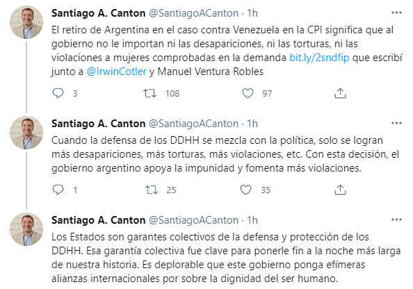 El mensaje en Twitter de Santiago Cantón, hoy en la OEA y ex secretario ejecutivo de la Comisión Interamericana de Derechos Humanos (CIDH)