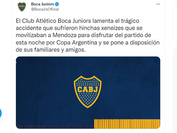 El tuit oficial de Boca Juniors sobre el accidente de los hinchas en Ruta 7
