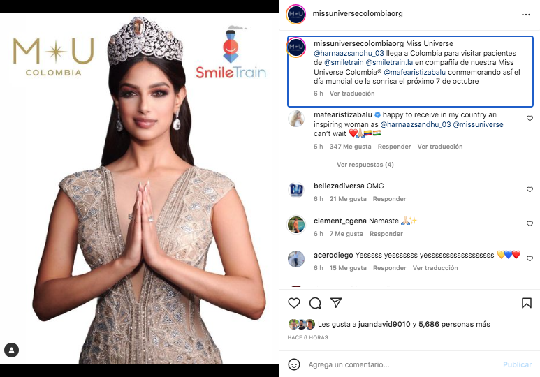 Harnaaz Sandhu, actual Miss Universo, estará de visita en Colombia para cumplir su agenda social con Smile Train en el Día Mundial de la Sonrisa. Tomada de Instagram @missuniversecolombiaorg
