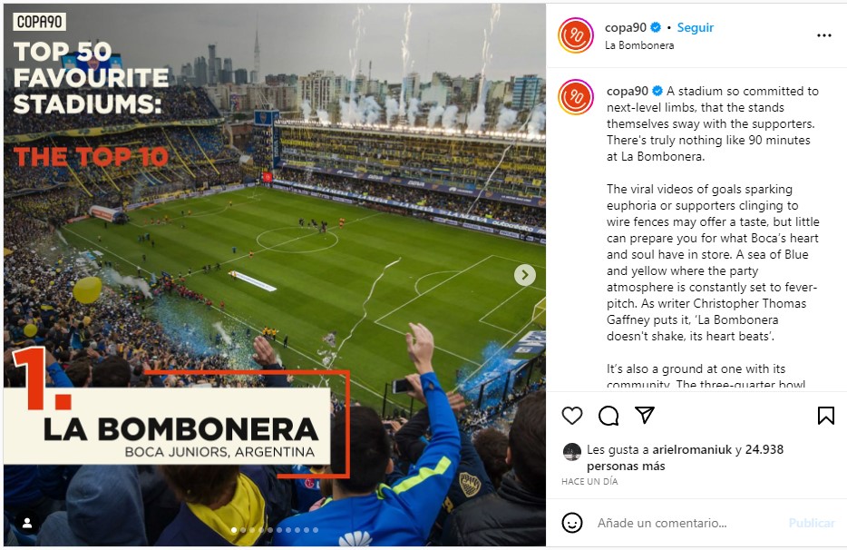 El posteo de Copa 90 en el que explican las virtudes de La Bombonera (@copa90)