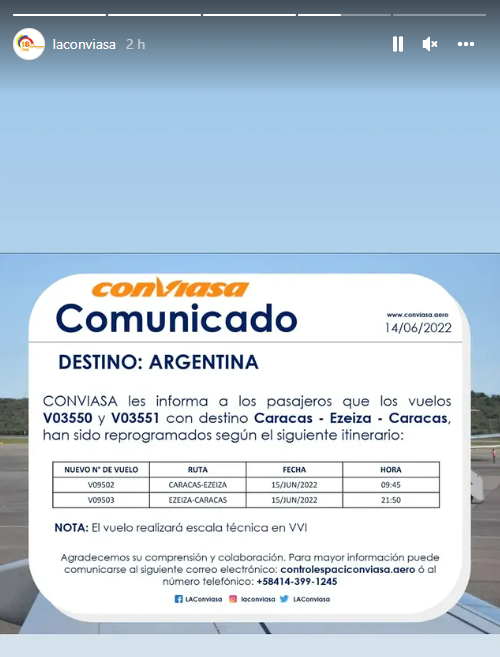 El aviso de Conviasa em su cuenta de Instagram de su vuelo 9502 con destino a Ezeiza que partió esta mañana desde Caracas