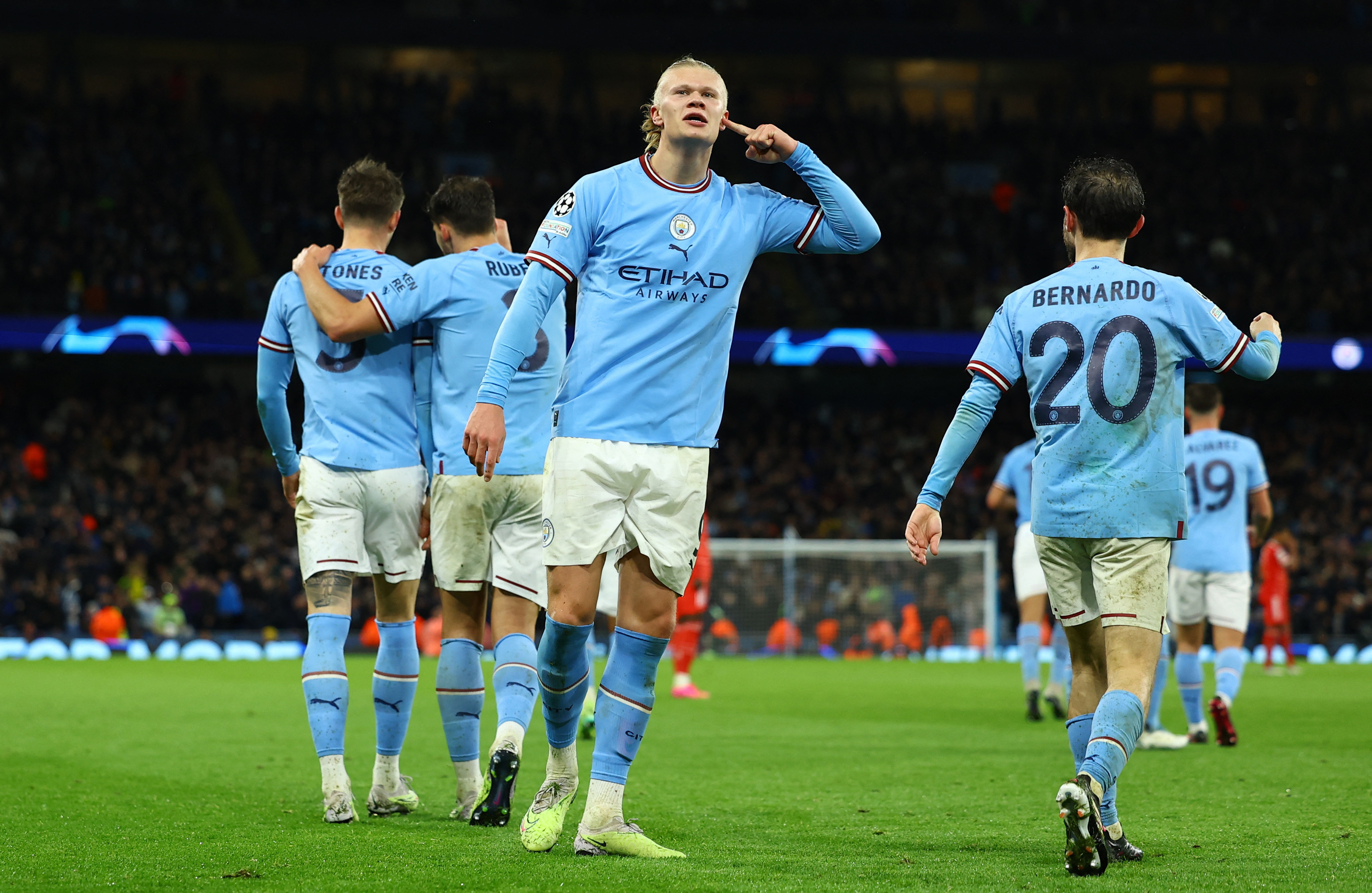 Erling Haaland scored one of the three goals in Manchester City's victory over Bayern Munich in the Champions League quarterfinal first leg.  (Reuters)