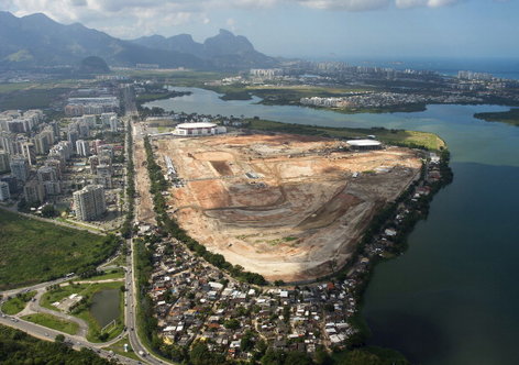 RIO DE JANEIRO, BRAZIL - MAY 10:  The Olympic Park for the 2016 Olympics is seen under construction in the area previously occupied by the Jacarepagua Autodrome, on May 10, 2013 in Rio de Janeiro, Brazil. The Olympic Park will host the competitions for 10 Olympic disciplines (basketball, judo, tae - kwondo, wrestling, handball, hockey, tennis, cycling, aquatics and gymnastics). The Main Press Centre (MPC) and the International Broadcasting Centre (IBC) will also be built on the site. (Photo by Buda Mendes/LatinContent/Getty Images) 