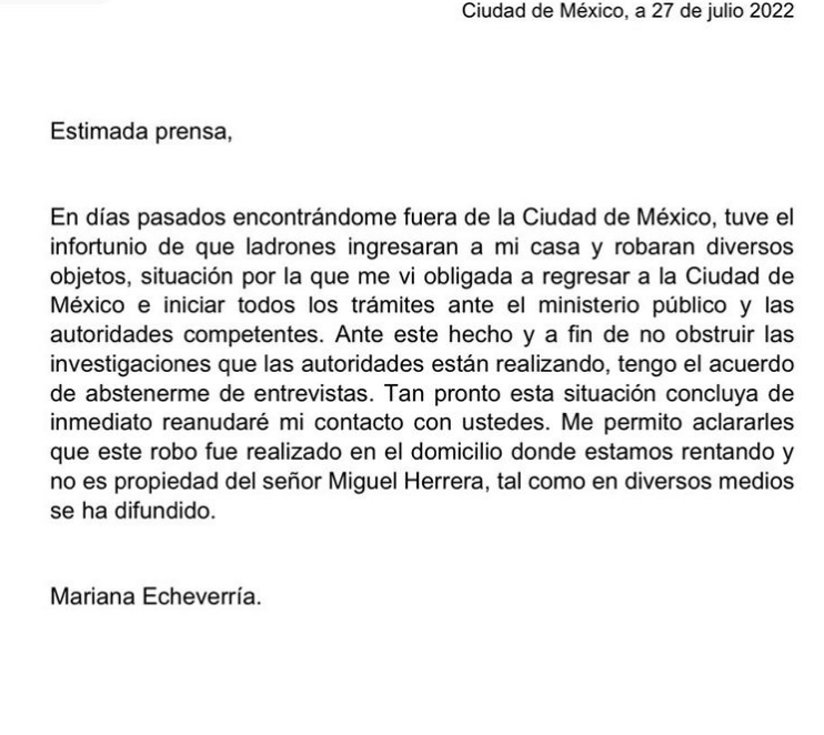 Mariana compartió el comunicado en su red social (IG @marianaecheve)