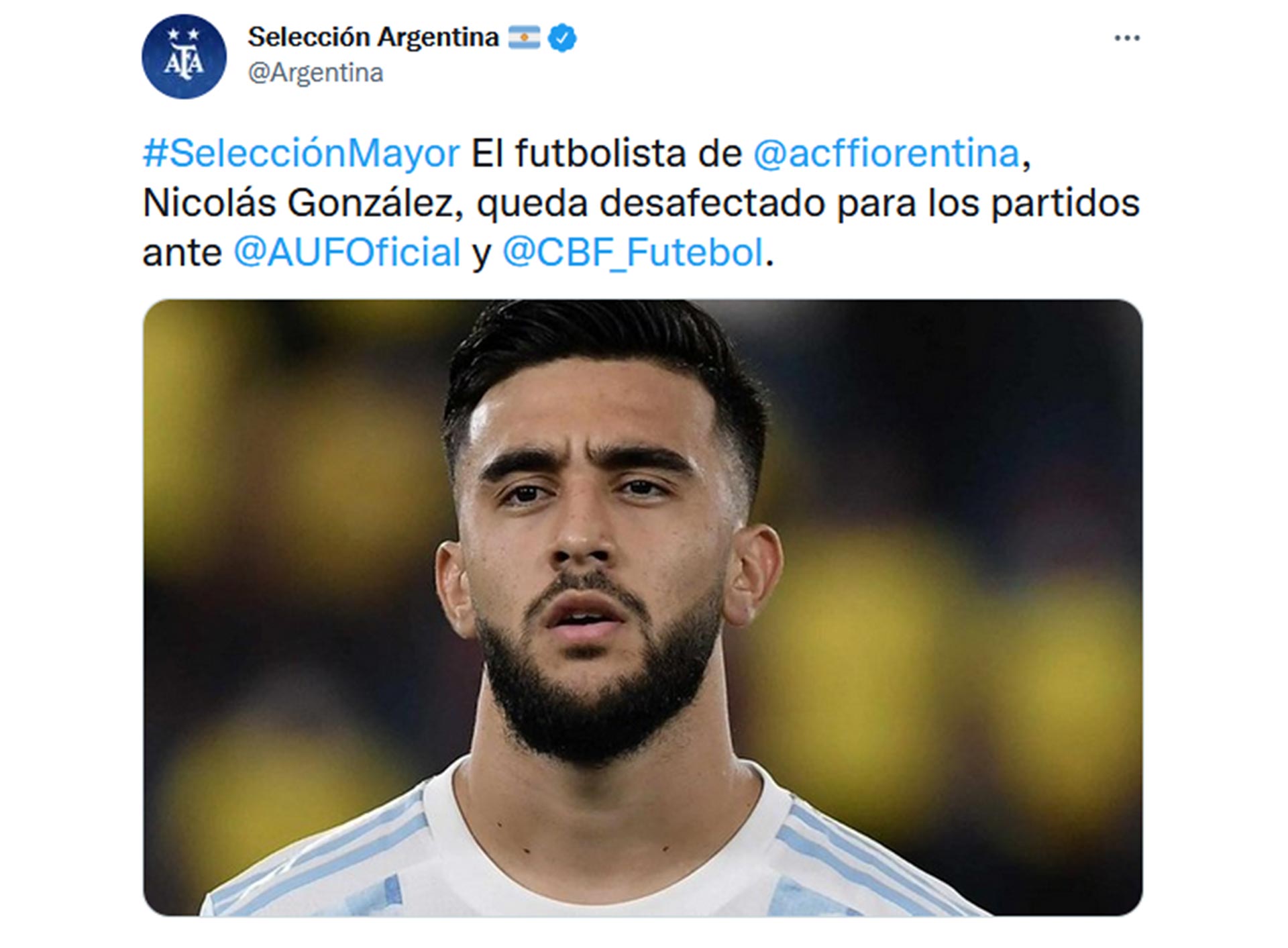 Nicolás González fue desafectado para los choques ante Uruguay y Brasil